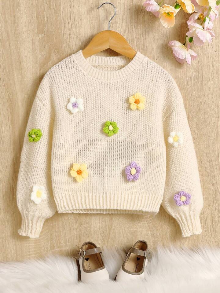 SHEIN Young Girl Stereo Flower Drop Shoulder Sweater | SHEIN