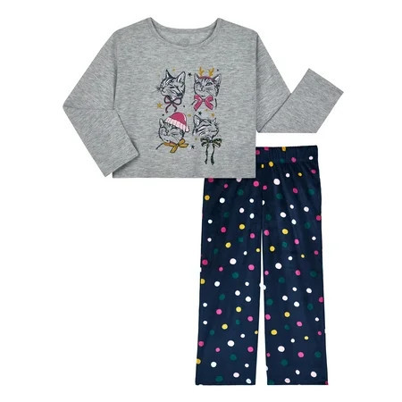 Wonder Nation Girls Holiday Long Sleeve Top and Wide Leg Pant Pajama Set, 2-Piece, Sizes 4-18 & Plus | Walmart (US)