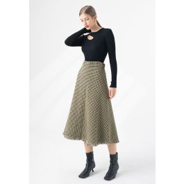 Houndstooth Fringed Hem Knit Midi Skirt in Green | Chicwish