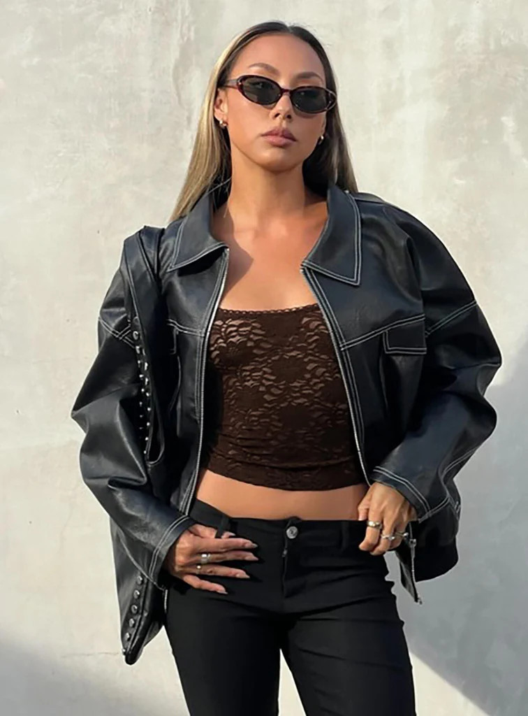 Kingsley Contrast Stitch Pu Jacket Black | Princess Polly AU