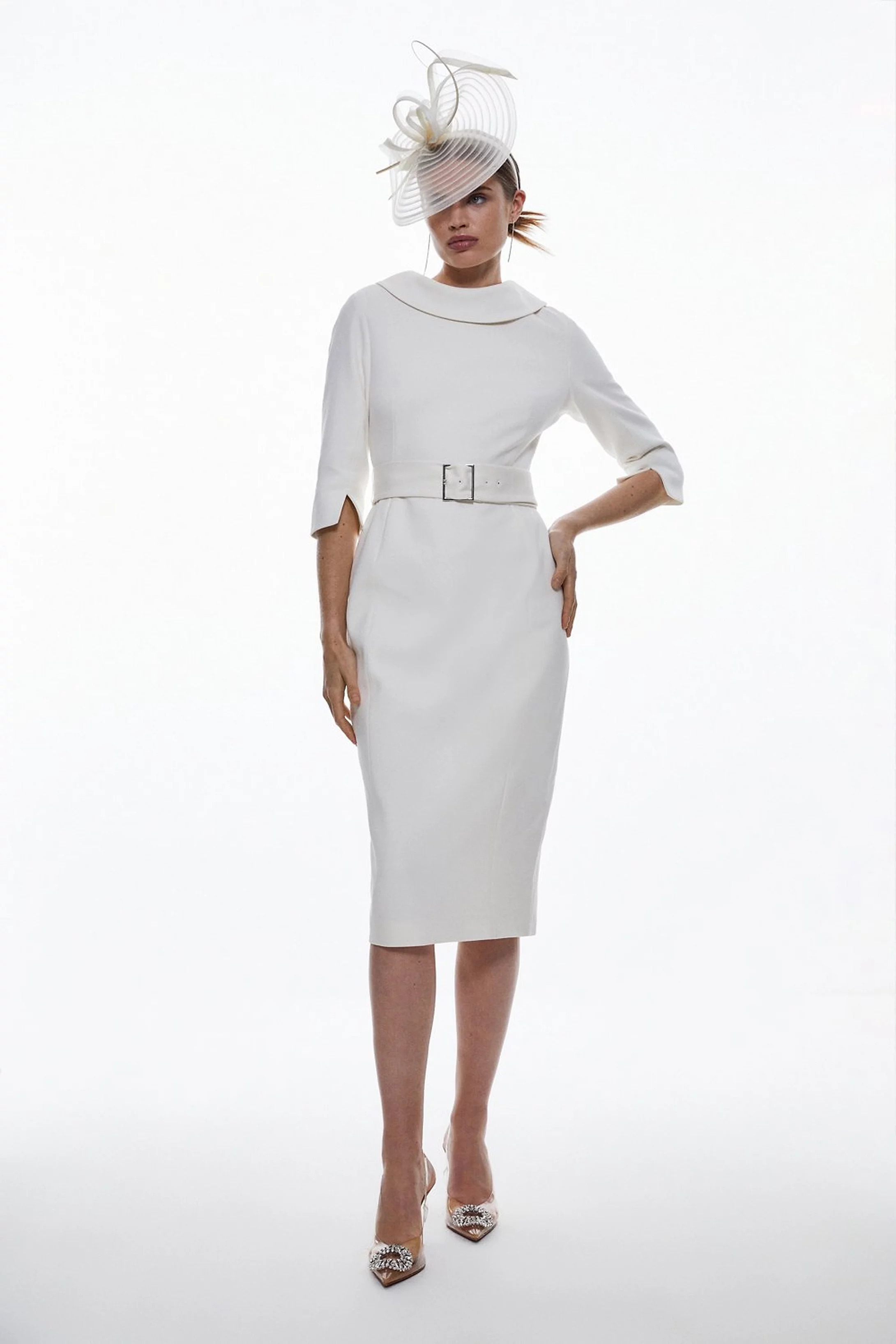 Tailored Structured Crepe Roll Neck Pencil Midi Dress | Karen Millen UK + IE + DE + NL