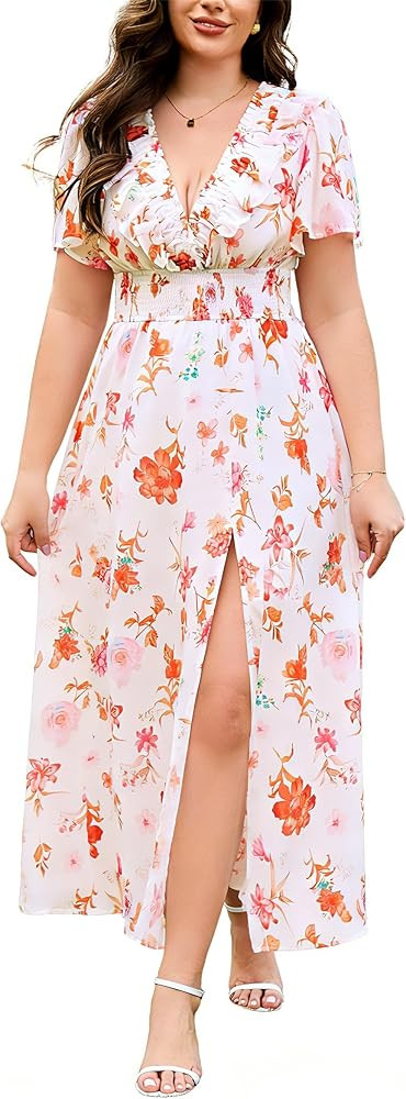 EYWOL Women's Floral Wedding Guest Dresses for Curvy Women, Boho Chiffon Long Dress Casual Flowy ... | Amazon (US)