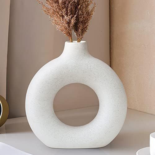 White Ceramic Vase for Modern Home Decor,Round Matte Donut Pampas Flower Vase Decorative Minimali... | Amazon (US)