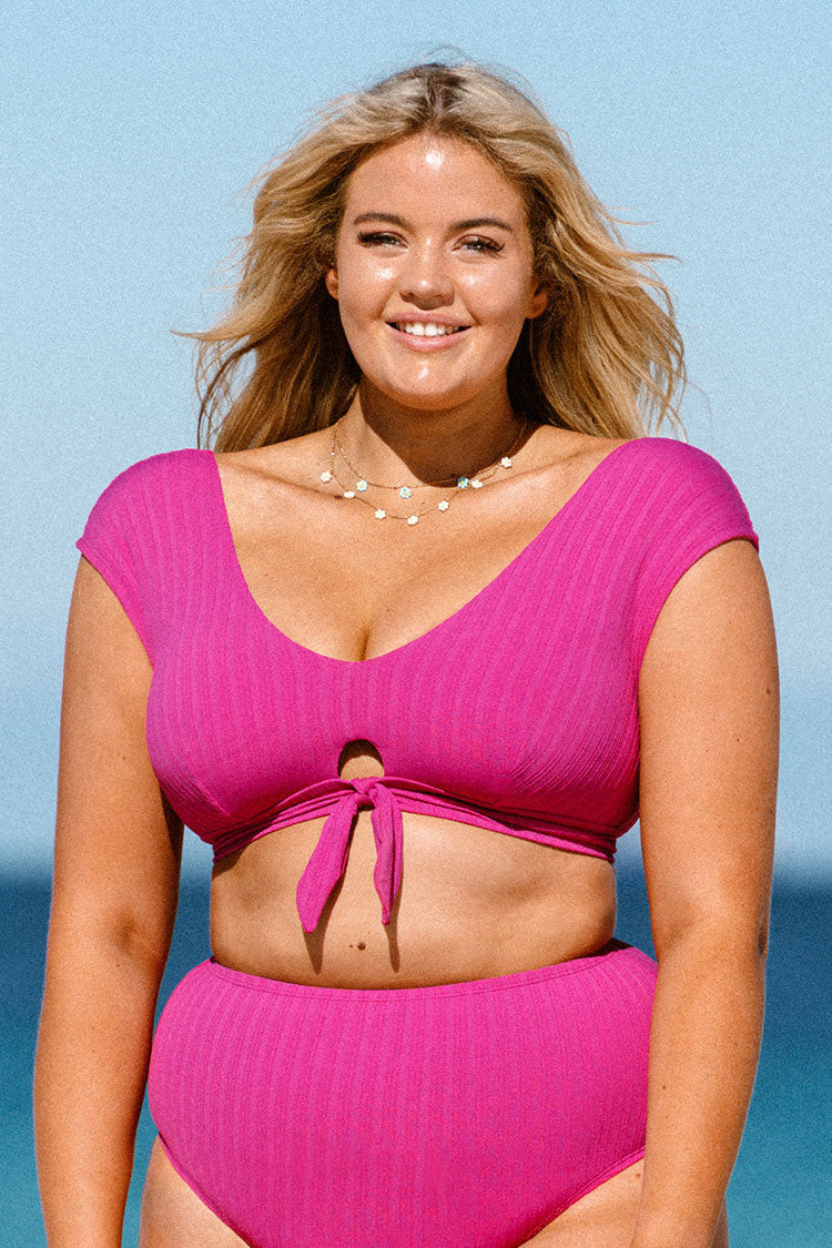 Breezy Rib Faux Tie Cap Sleeve Bralette Plus Size Bikini Top | Cupshe