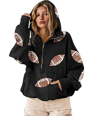 SeekMe Womens Game Day Sweatshirts Football Sequin Hoodies Tailgate Outfits Long Sleeve Zipper Sw... | Amazon (US)