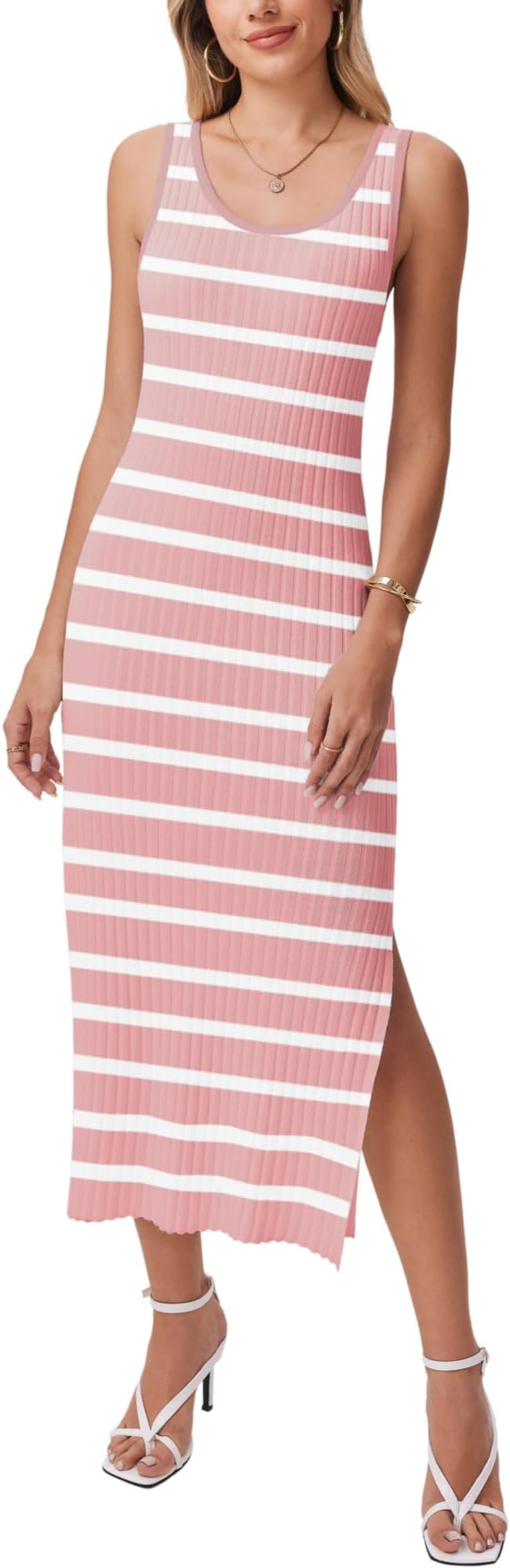 Zeagoo Women's Spring Summer Casual Dress Bodycon Midi Sleeveless Striped Knit Maternity Tank Swe... | Amazon (US)