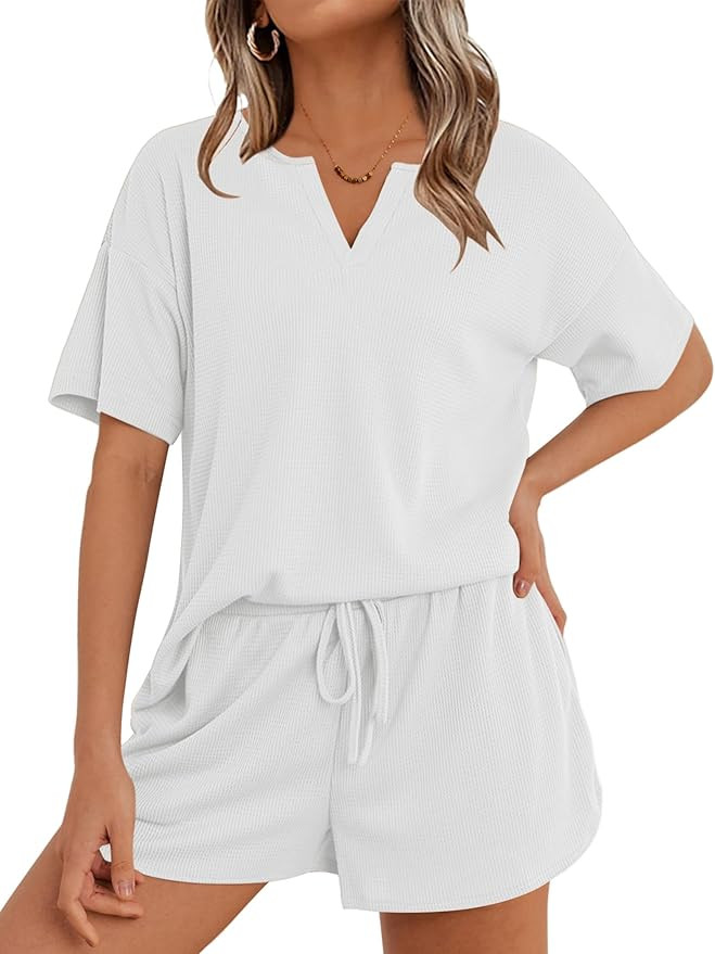 Ekouaer Waffle Knit Lounge Sets for Women 2 Piece Outfits Short Sleeve Top and Shorts Pajama Sets... | Amazon (US)