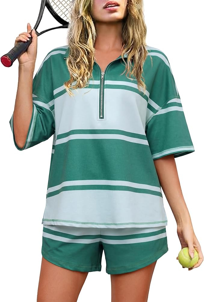 Totatuit Striped Short Sets for Women 2 Piece Outfits Summer Tracksuit Oversized Workout Travel L... | Amazon (US)
