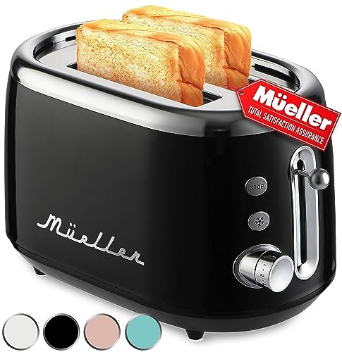 Mueller Retro Toaster 2 Slice with 7 Browning Levels and 3 Functions: Reheat, Defrost & Cancel, Stainless Steel Features, Removable Crumb Tray, Under Base Cord Storage, Black | Amazon (US)