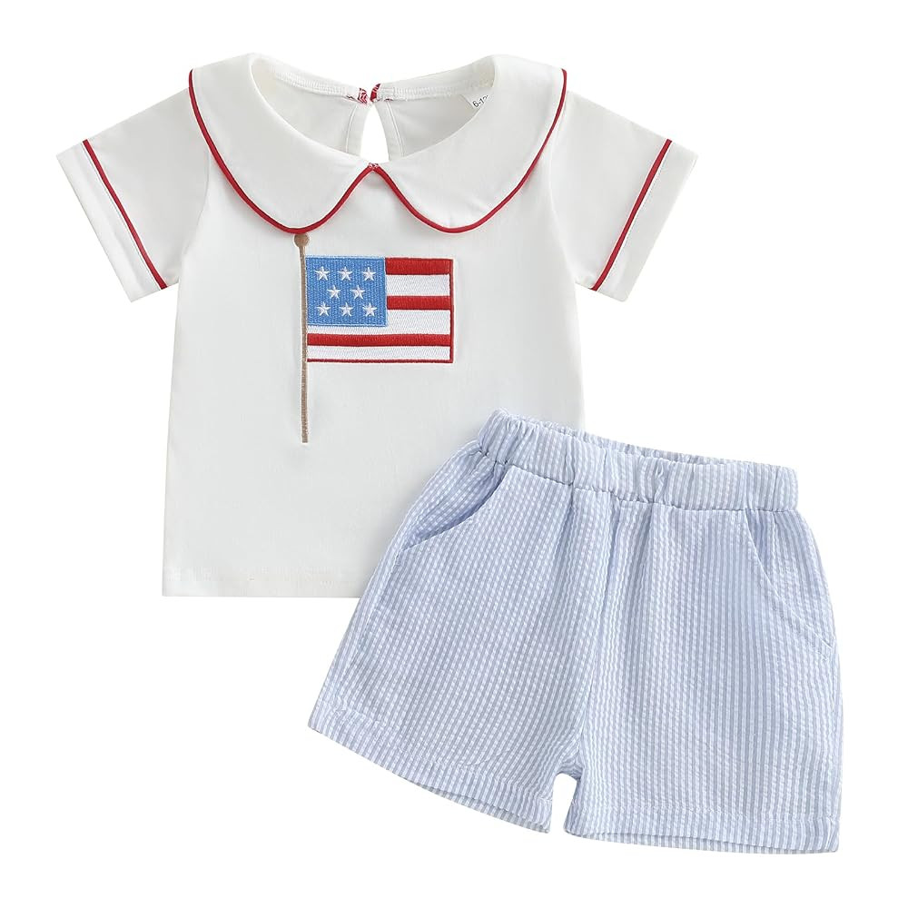 Rtnnsbbfcm Toddler Baby Boy 4th Of July Outfit Short Sleeve Peter Pan Collar American Flag Embroi... | Amazon (US)