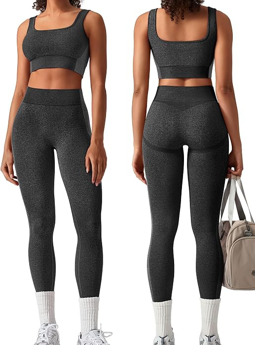 Womens Workout Sets 2 Piece Seamless Square Neck Sports Bra Padded Butt Lifting Leggings High Wai... | Amazon (US)