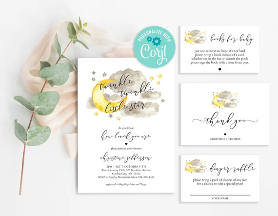 Twinkle Twinkle Little Star Baby Shower Invitation, Moon and Stars Baby Shower Invitation Set, Ge... | Etsy (US)