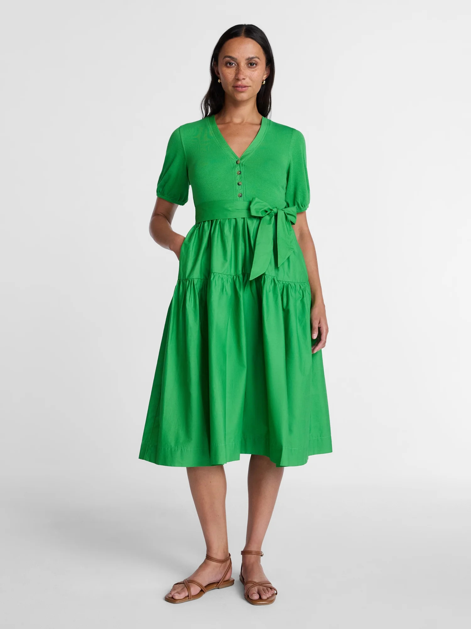 Time and Tru Women's Mixed Media Midi Dress with Puff Sleeves, Sizes XS-XXXL | Walmart (US)