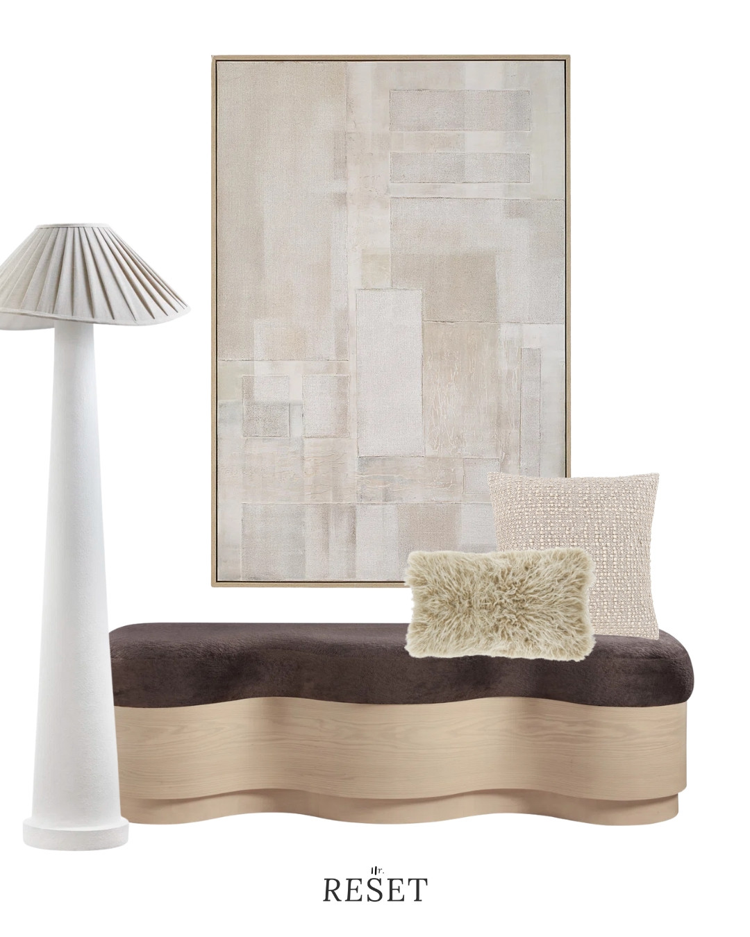 Neutral modern bench seating with a high-end, sculptural look.
Featuring an upholstered bench with wood base, large neutral abstract wall art, modern floor lamp, and textured accent pillows.
Ideal inspiration for modern, warm modern, or contemporary entryways and living spaces. 

 #LTKSeasonal #LTKHome