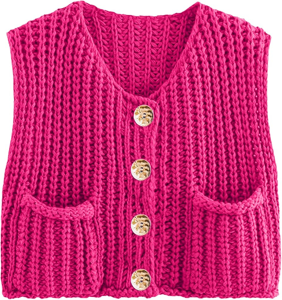 Womens Summer Crop Knit Sweater Vest Sleeveless Button Down Chunky Knit Vest Cardigan with Pocket... | Amazon (US)