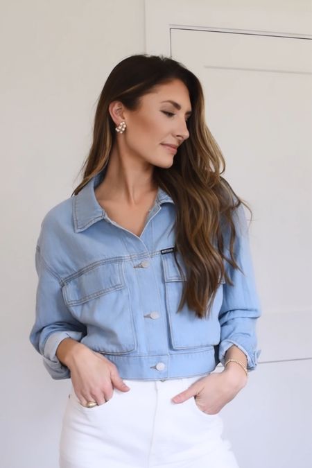 Cropped denim jacket wearing size small! Pearl earrings are so pretty and simple.. love them with so many outfits!

#LTKfindsunder50 #LTKfindsunder100 #LTKstyletip