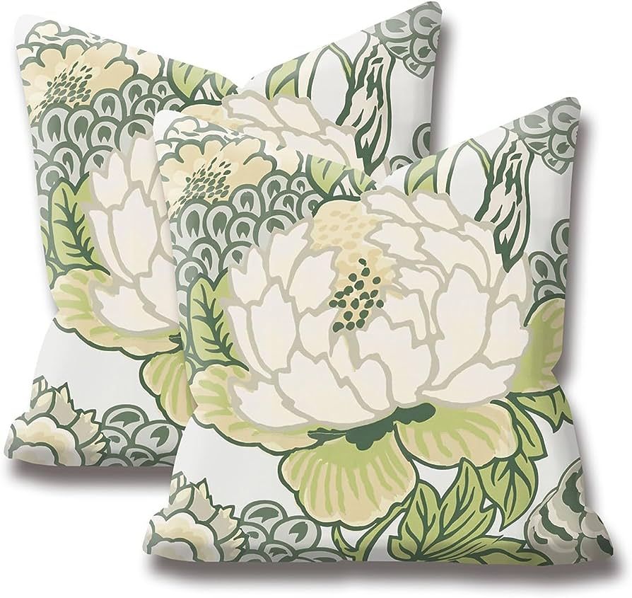 HUBUYTEFE Chinoiserie Green Flowers Peony Pillow Covers 18x18 Set of 2,Floral Pillow Covers Outdo... | Amazon (US)
