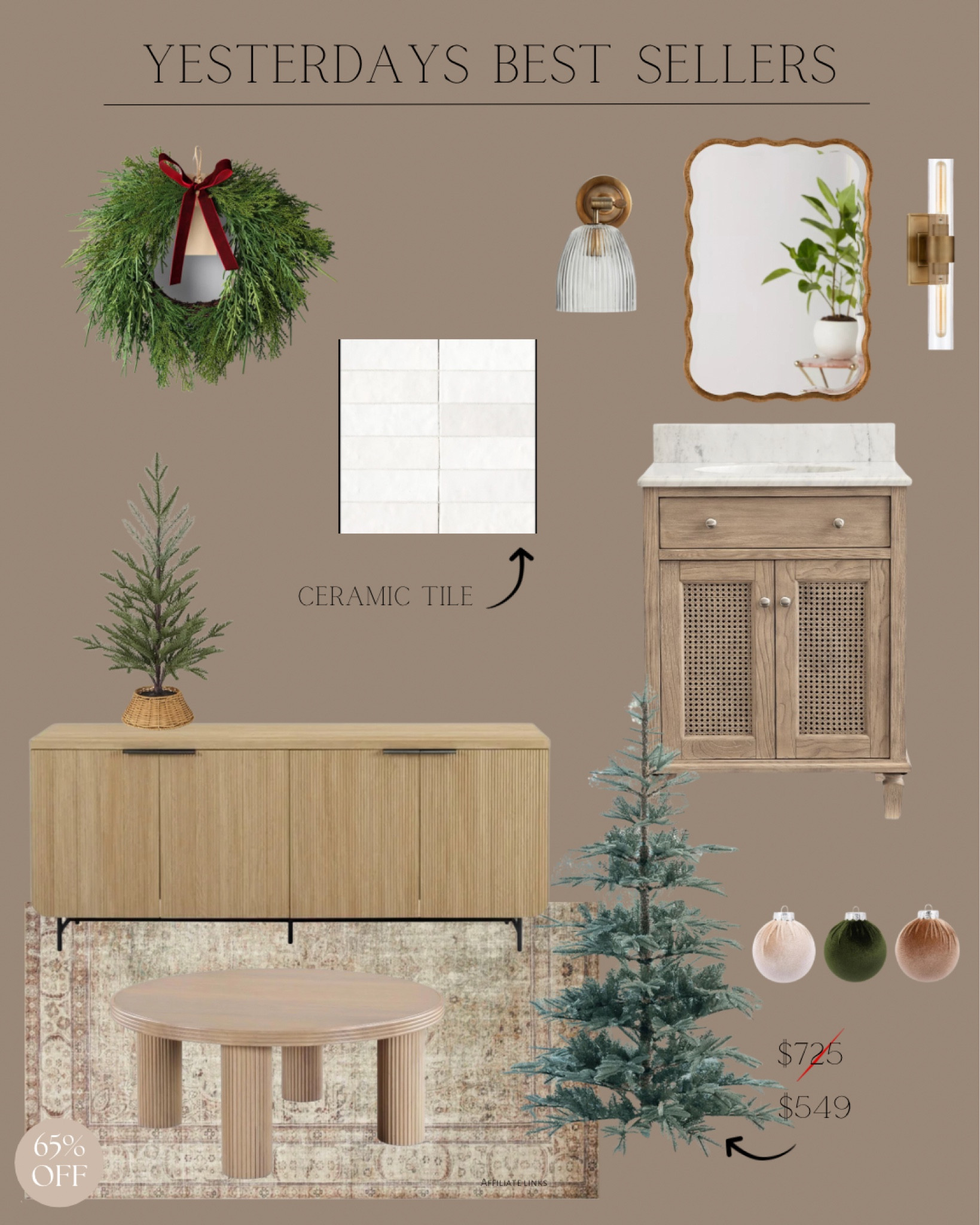 Yesterdays Best Sellers
Christmas wreath / ceramic tile / scalloped wall mirror / wall sconce / sideboard / area rug / coffee table / Christmas tree / single sink vanity 

#LTKFindsUnder100 #LTKSaleAlert #LTKHome