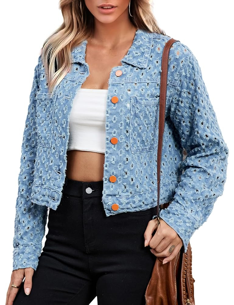 Fiona Jolin Womens Jean Jacket 2025 Casual Long Sleeve Distressed Button Down Cropped Denim Jacke... | Amazon (US)