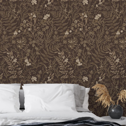 Muted Dark Brown Forest Vintage Botanical Wallpaper