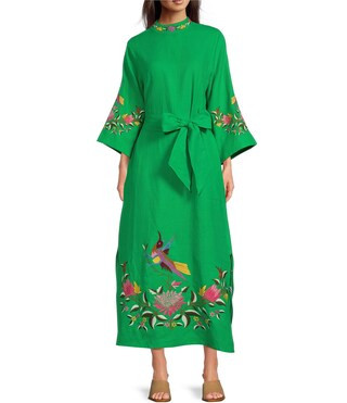 Asia 3/4 Sleeves Mock Neck Floral Embroidery Linen Belted Side Slit Caftan Maxi Dress | Dillard's