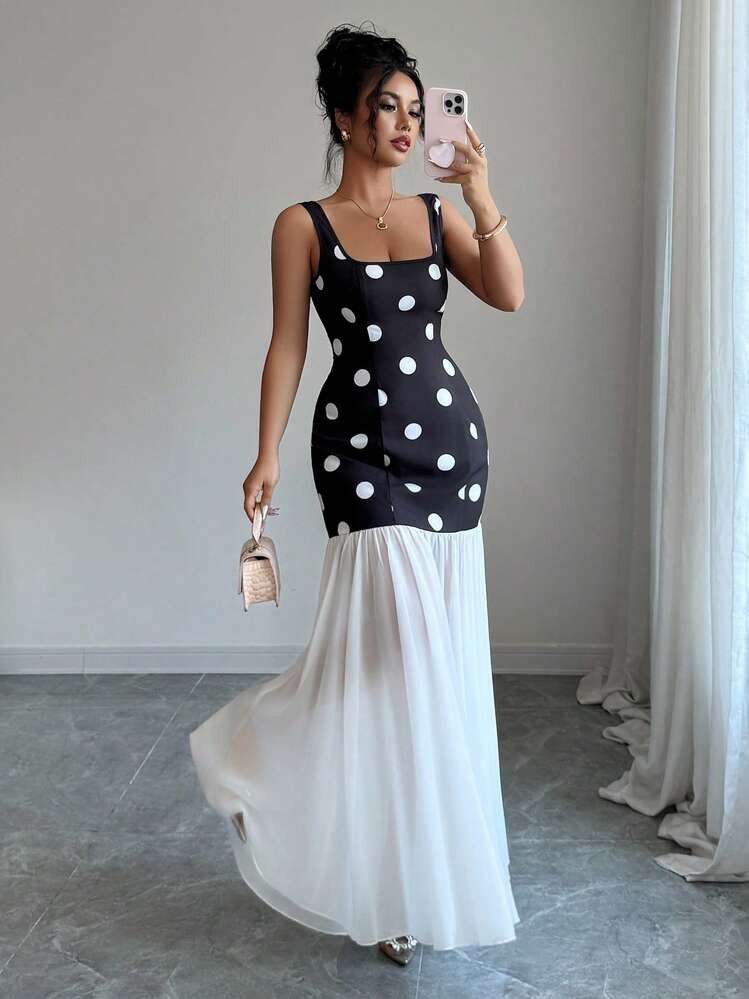 Elenzga Elegant Square Neck Polka Dot Patchwork Dress | SHEIN