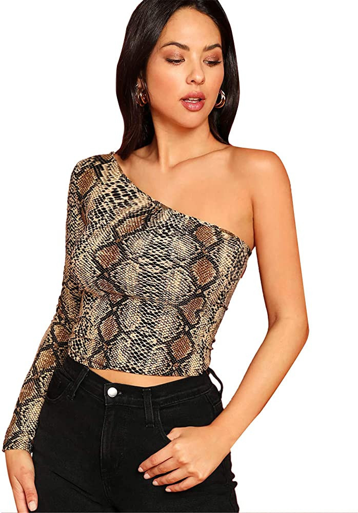 SweatyRocks Women's Cutout Waist Long Sleeve One Shoulder Crop Top T Shirt | Amazon (US)