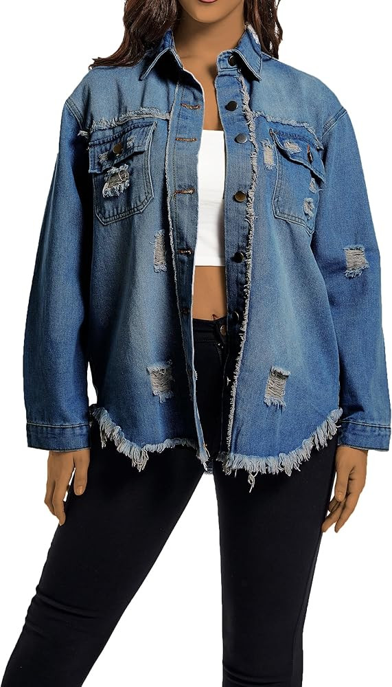 vunahzma Women Denim Jacket Long Sleeve Casual Distressed Ripped Button Down Coat | Amazon (US)