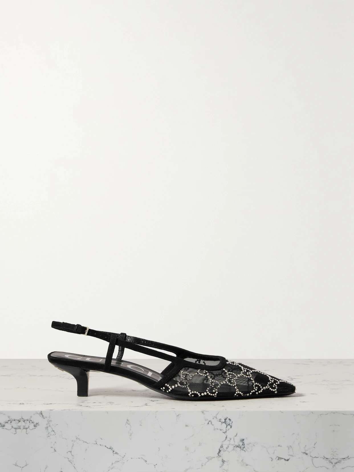 Gucci - Demi Suede-trimmed Crystal-embellished Mesh Slingback Pumps - Black | NET-A-PORTER (US)