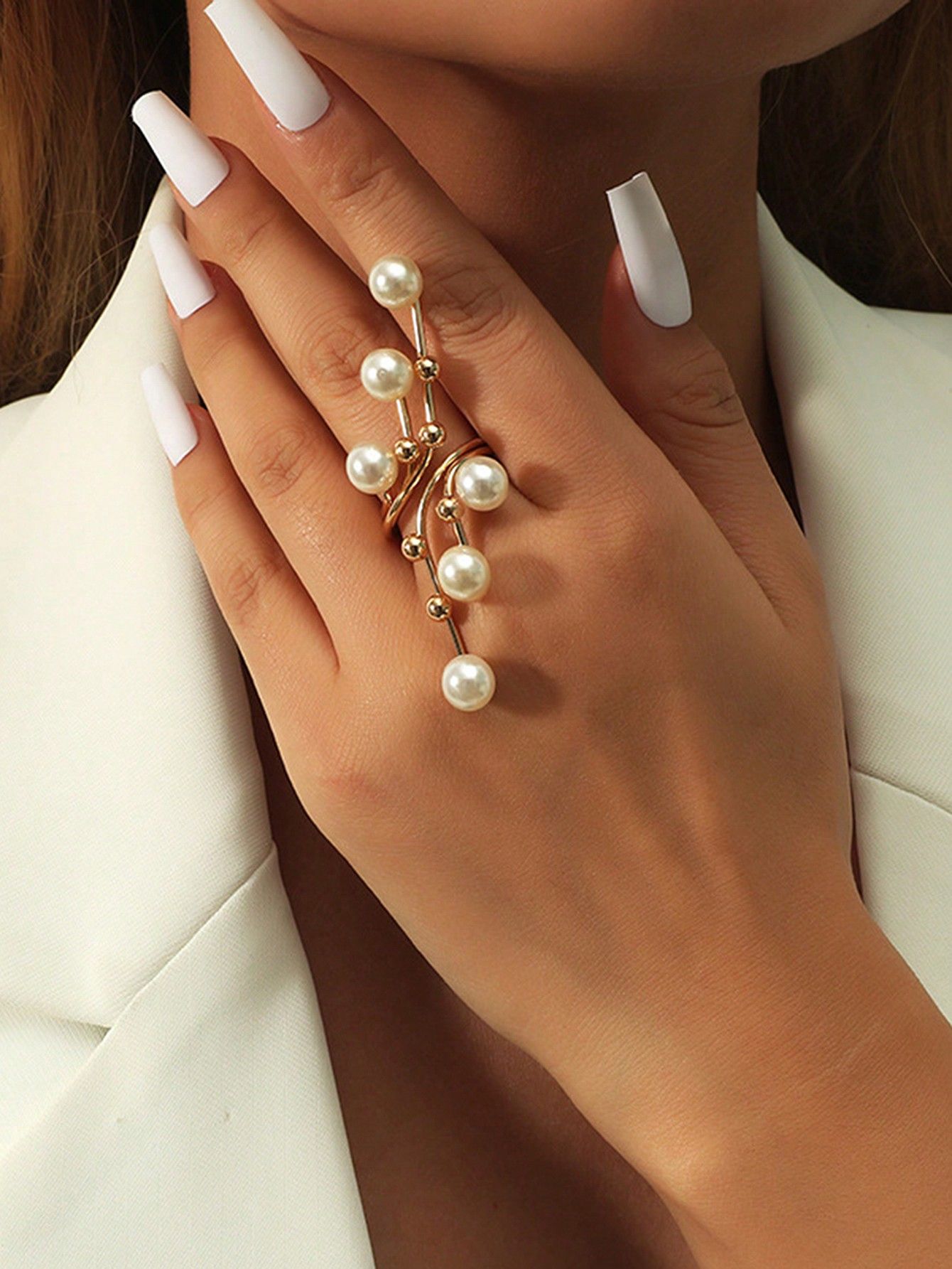 European And American Fashionable Pearl & Geometric Design Ring, Creative Statement Gold Plated F... | SHEIN