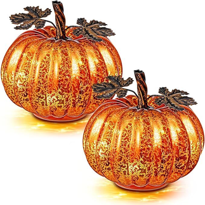 2 Pcs Fall Glass Pumpkin Halloween Light up Pumpkin Glass Mercury Orange Glass Pumpkin Light with... | Amazon (US)