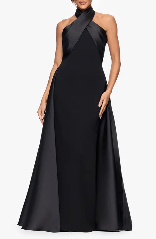 Betsy & Adam Twist Halter Neck Mikado Scuba Crepe Gown in Black at Nordstrom, Size 2 | Nordstrom