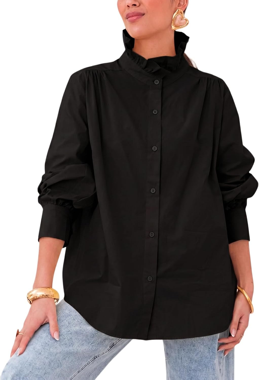 Hixiaohe Ruffled Collar Shirt for Women Casual Button Down French Blouse | Amazon (US)