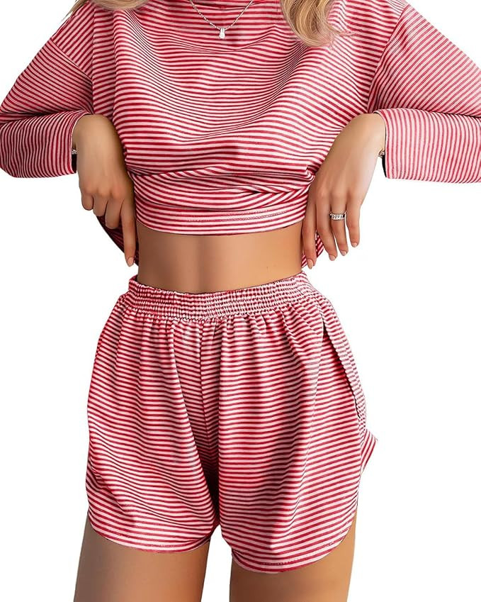 JUSTFASHIONNOW Womens Pajama Sets Striped Two Piece Lounge Sets Long Sleeve Top and Split Shorts ... | Amazon (US)