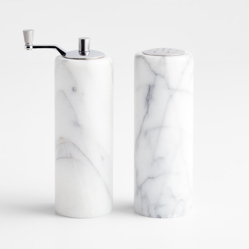 French Kitchen White Marble Salt & Pepper Shaker Set + Reviews | Crate & Barrel | Crate & Barrel