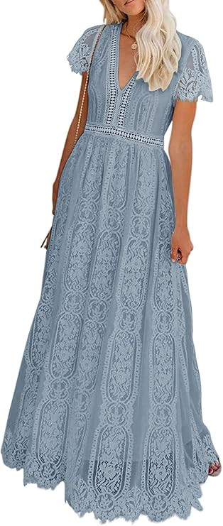 MEROKEETY Women's V Neck Short Sleeve Floral Lace Wedding Dress Bridesmaid Cocktail Party Maxi Dr... | Amazon (US)
