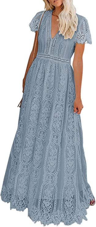 MEROKEETY Women's V Neck Short Sleeve Floral Lace Wedding Dress Bridesmaid Cocktail Party Maxi Dr... | Amazon (US)