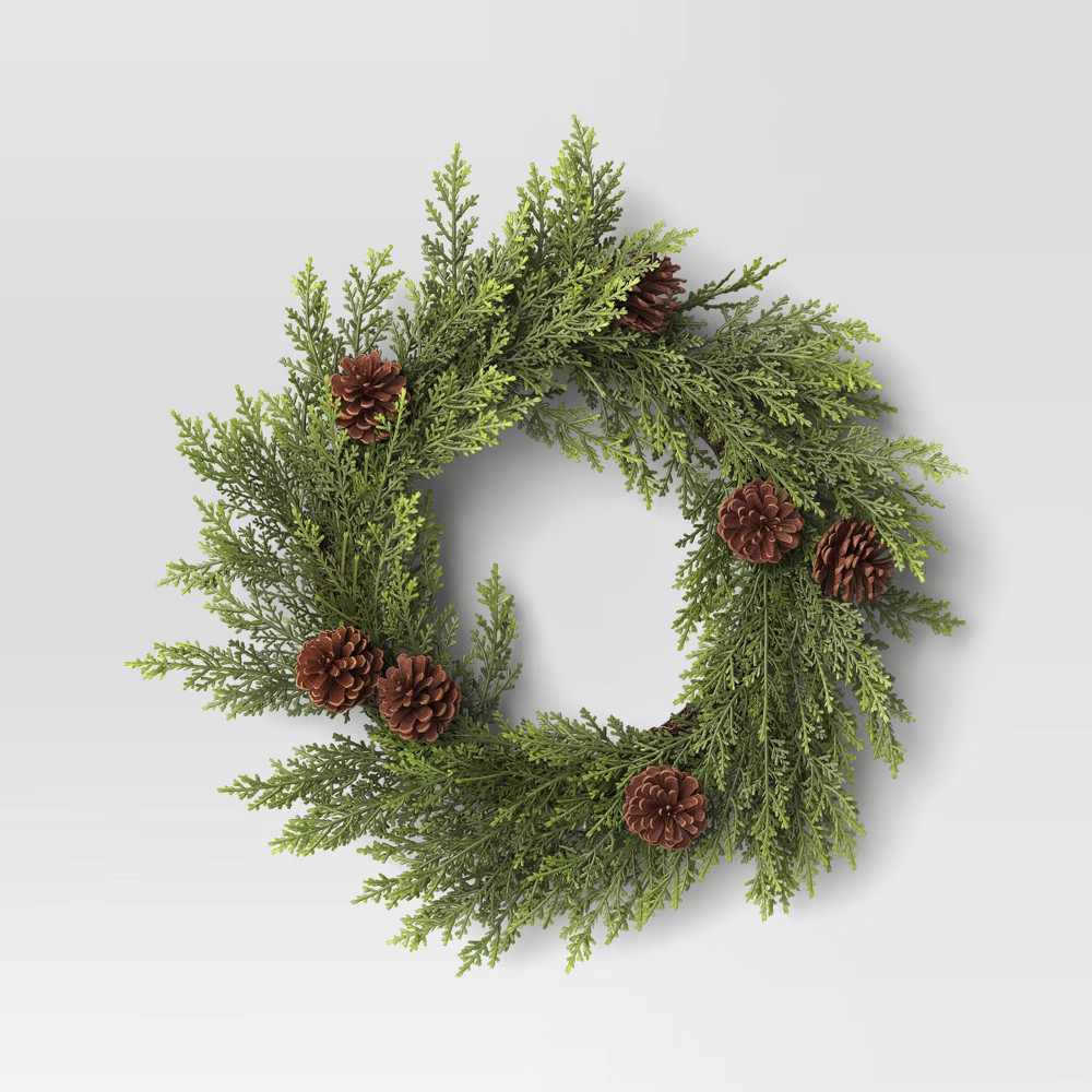 Cedar and Pine Cone Wreath Green - Threshold | Target
