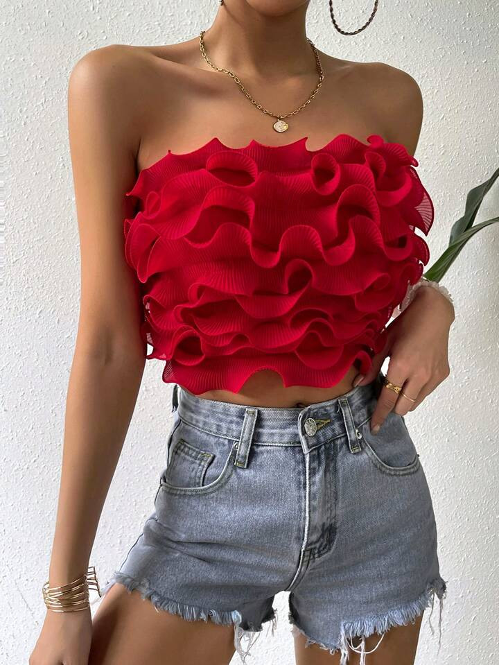 SHEIN Privé Solid Ruffle Trim Tube Top | SHEIN