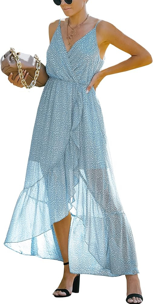 Angashion Women's Summer Maxi Dress Boho Floral Wrap V Neck Spaghetti Strap Split Ruffle Long Dresse | Amazon (US)