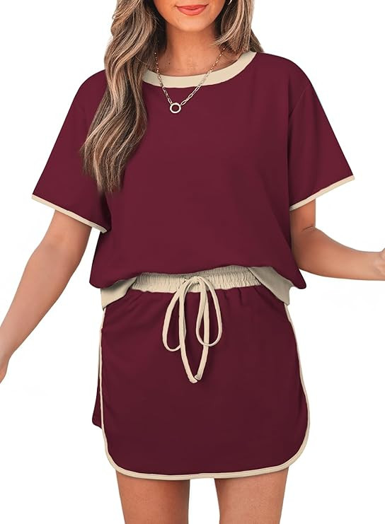 Women's 2 Piece Sets Summer Casual Short Sleeve Tops and Matching Drawstring Skort Going Out Loun... | Amazon (US)