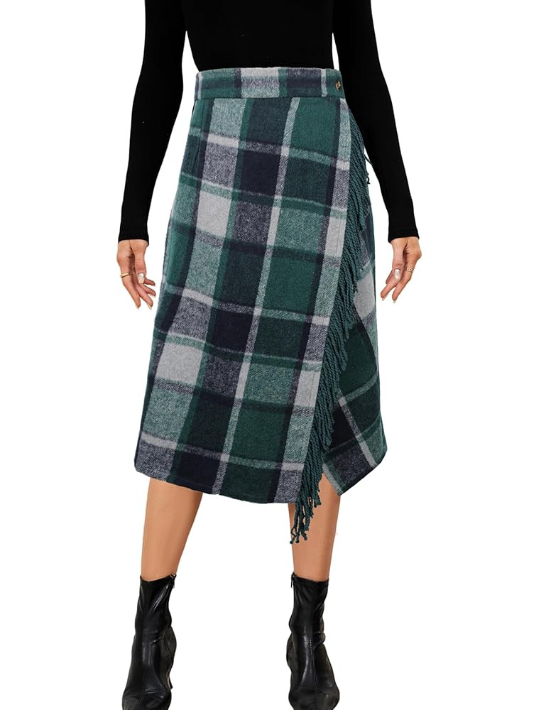 Tanming Womens Plaid Fringed Midi Skirt A Line Warm Wool Wrap Skirt Fall Winter Tartan Dress | Amazon (US)