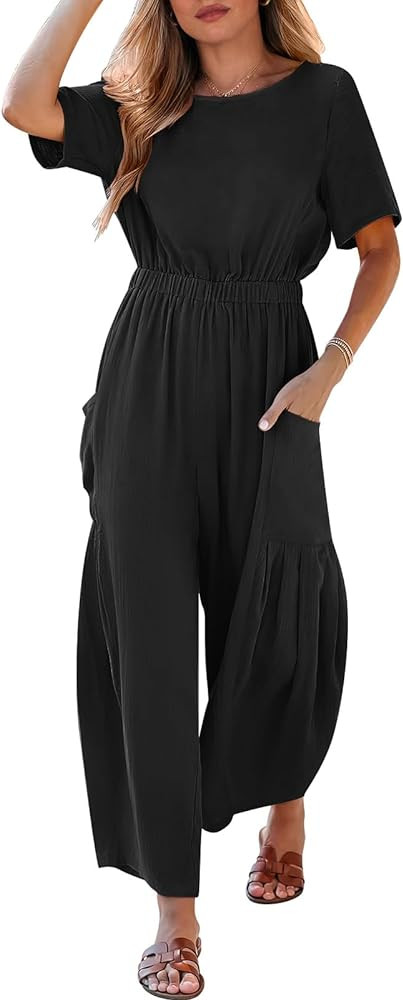 ANRABESS Linen Jumpsuits For Women 2024 Summer Casual Loose Short Sleeve Wide Leg One Piece Jumpe... | Amazon (US)