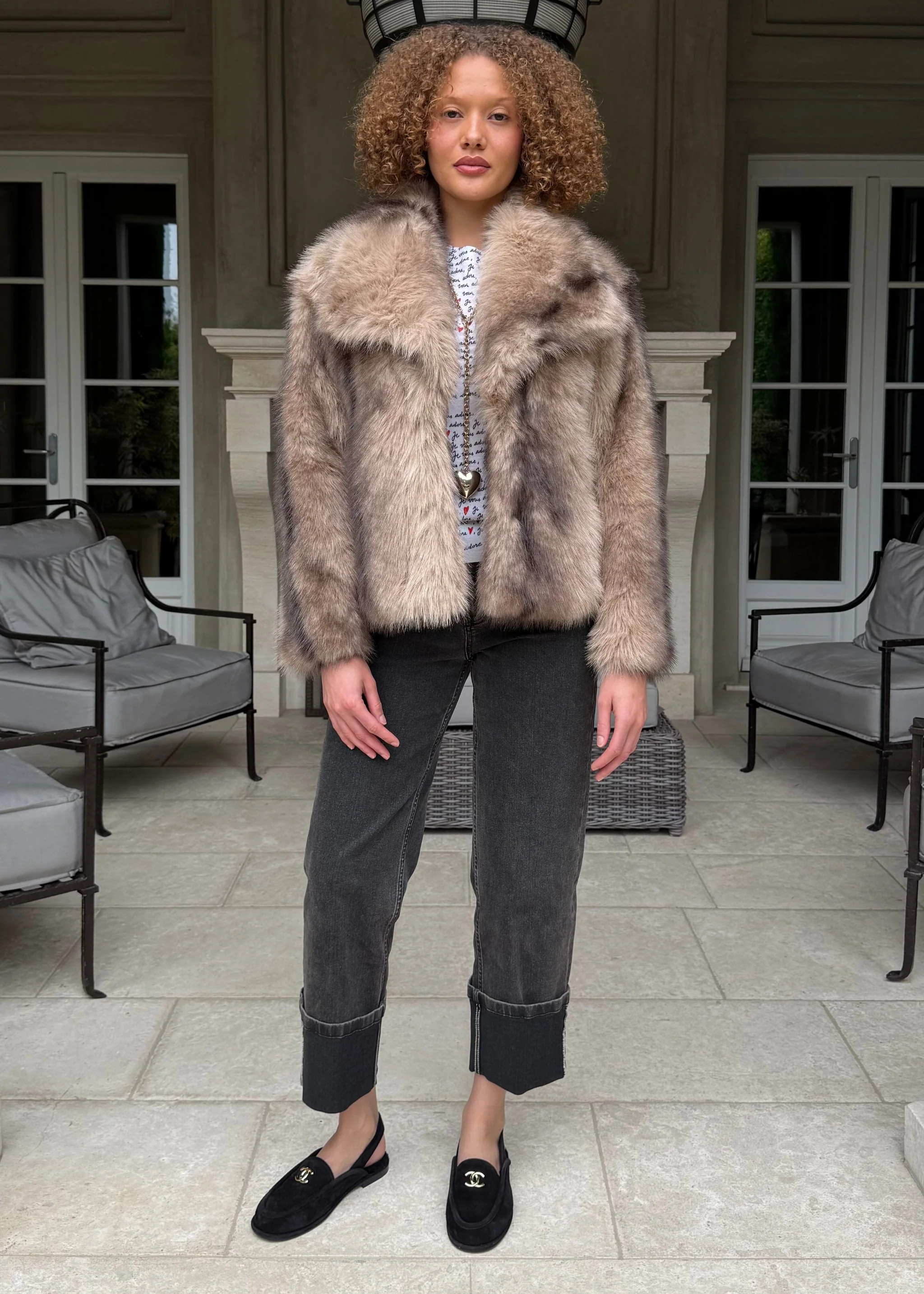 Omari Oversized Fold Over Collar Two-Toned Faux Fur Coat - Mocha | Benaar La