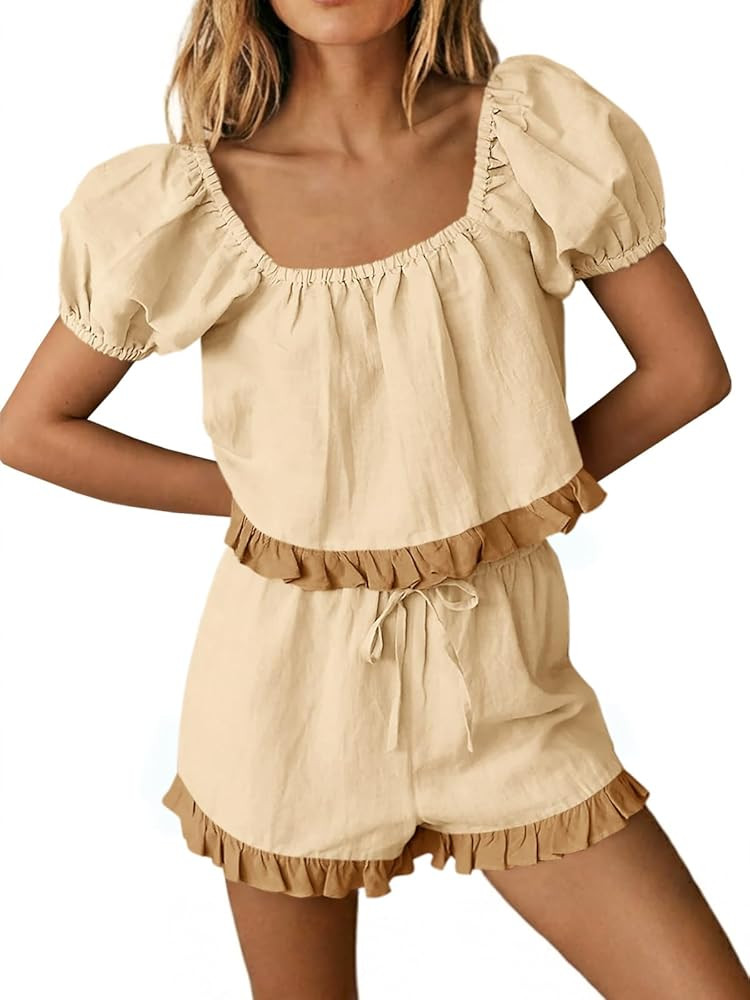 Tankaneo Womens 2 Piece Short Sets Summer Puff Sleeve Square Neck Babydoll Tops Cute Lounge Set C... | Amazon (US)