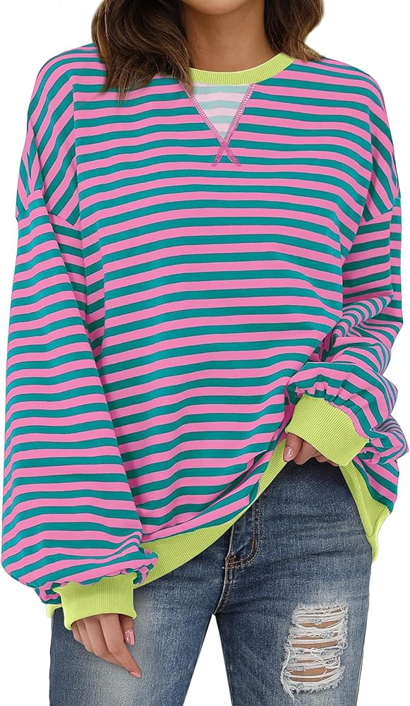 XIEERDUO Womens Crewneck Oversized Sweatshirt Striped Color Block Tops Long Sleeve Shirts Pullove... | Amazon (US)
