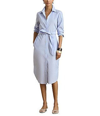 Lauren Ralph Lauren Cotton Point Collar Long Sleeve Button Front Belted Midi Shirt Dress - 16 | Dillard's