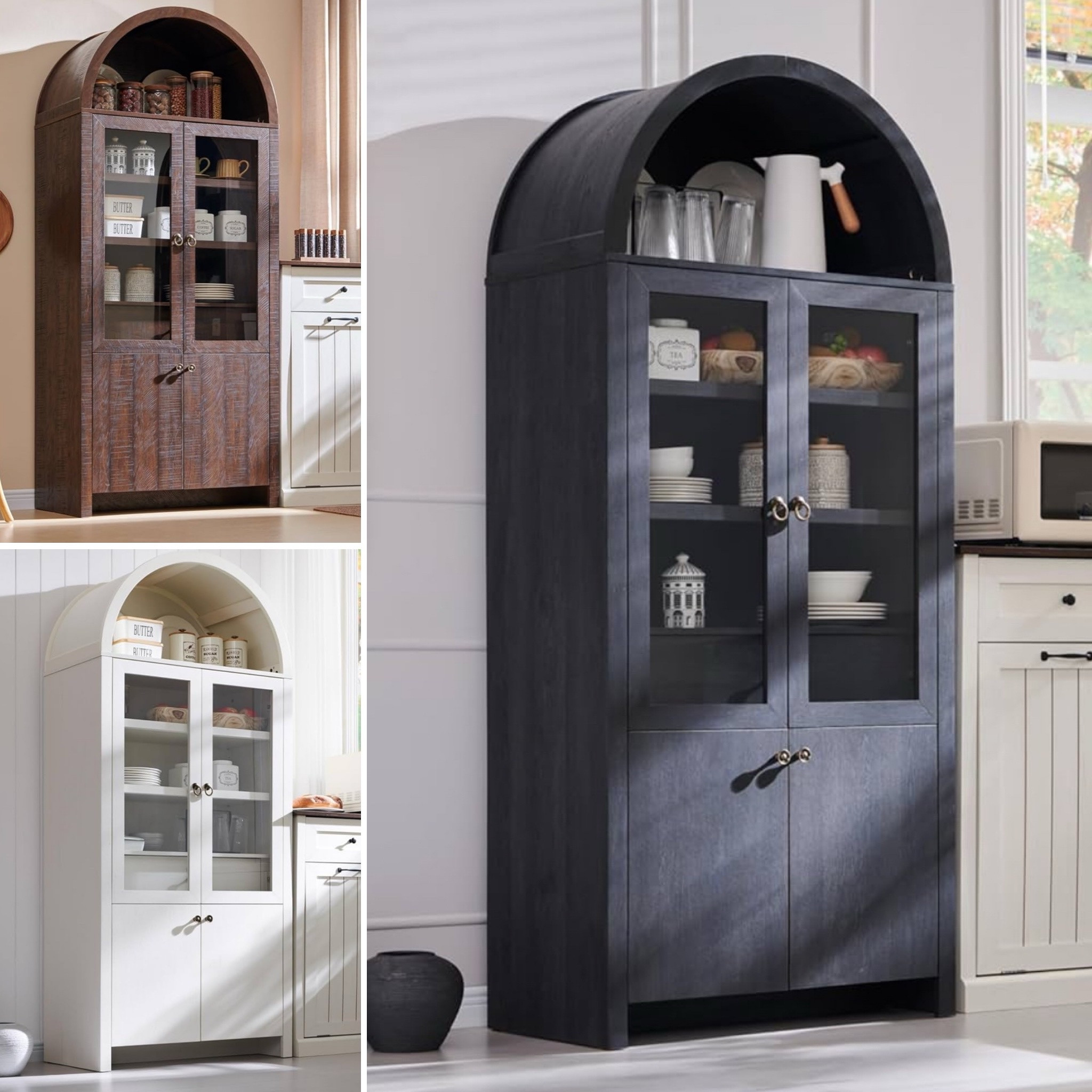 Arched cabinet, wooden display cabinet, kitchen storage, glass door cabinet, rustic furniture, modern kitchen hutch, two-door cabinet, tall storage cabinet, glass-front cupboard, shelving unit.



#LTKHome