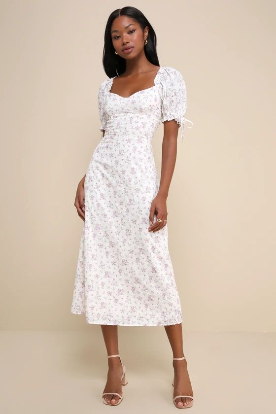 Ivory Burnout Floral Puff Sleeve Midi Dress | White Midi Dress | White Dress With Sleeves  | Lulus