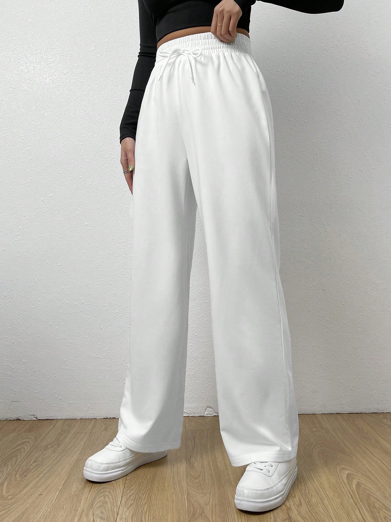 TrendsSHEIN EZwear Black Casual Elastic Waist Tie Front Straight Leg Pants | SHEIN